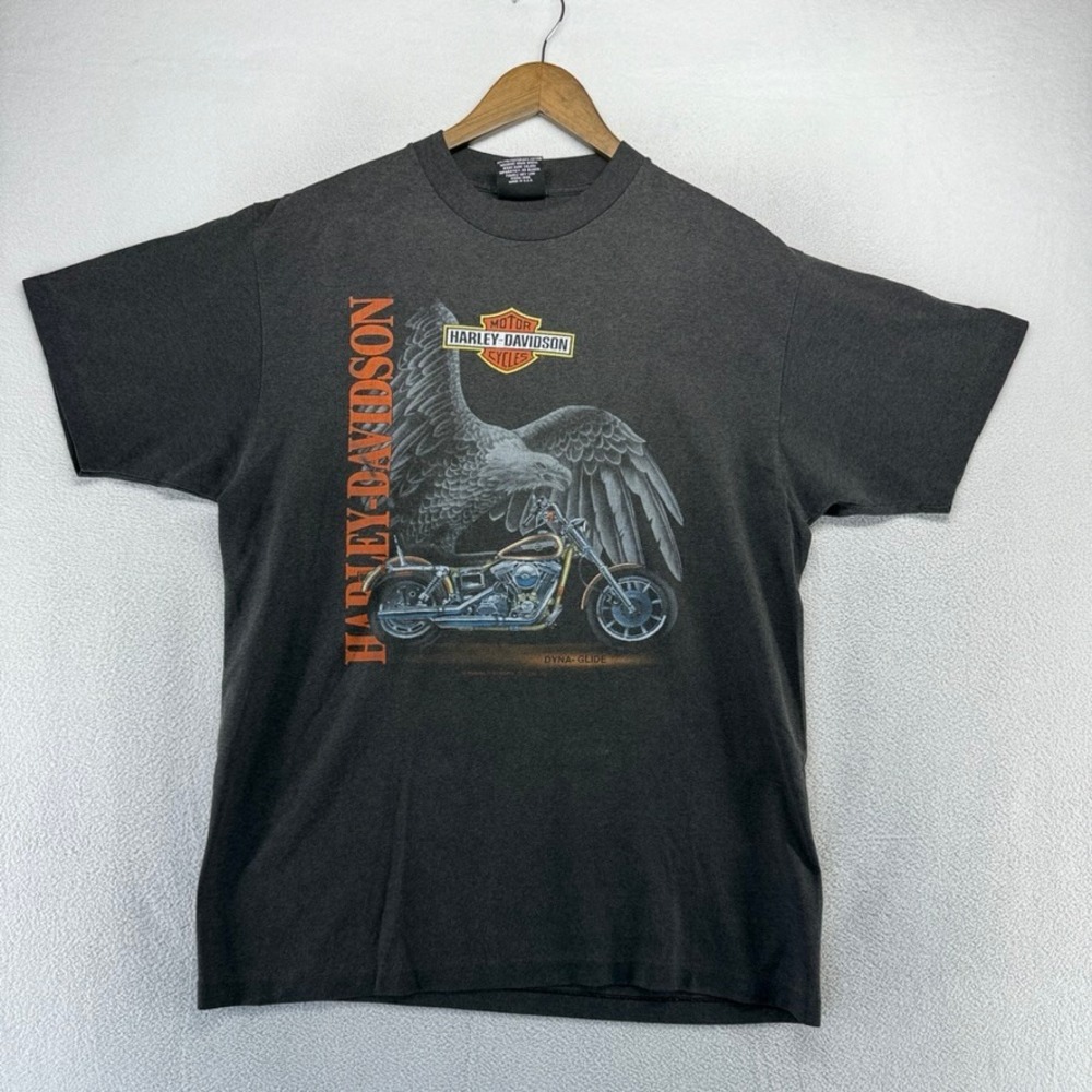 Vintage Harley Davidson T Shirt Mens XL Black Dyna Glide Eagle 3D Emblem Faded